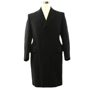 50s Vintage Mens 42R Wool Dress Coat Black Tailored Long Overcoat Formal Jacket